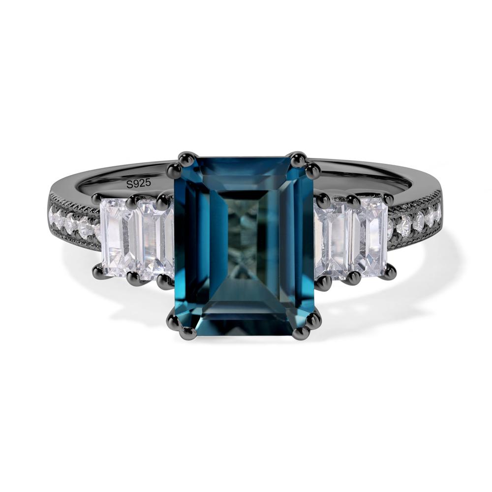 Emerald Cut London Blue Topaz Art Deco Milgrain Ring - LUO Jewelry #metal_black finish sterling silver