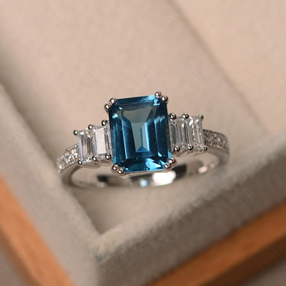 Emerald Cut London Blue Topaz Art Deco Milgrain Ring - LUO Jewelry