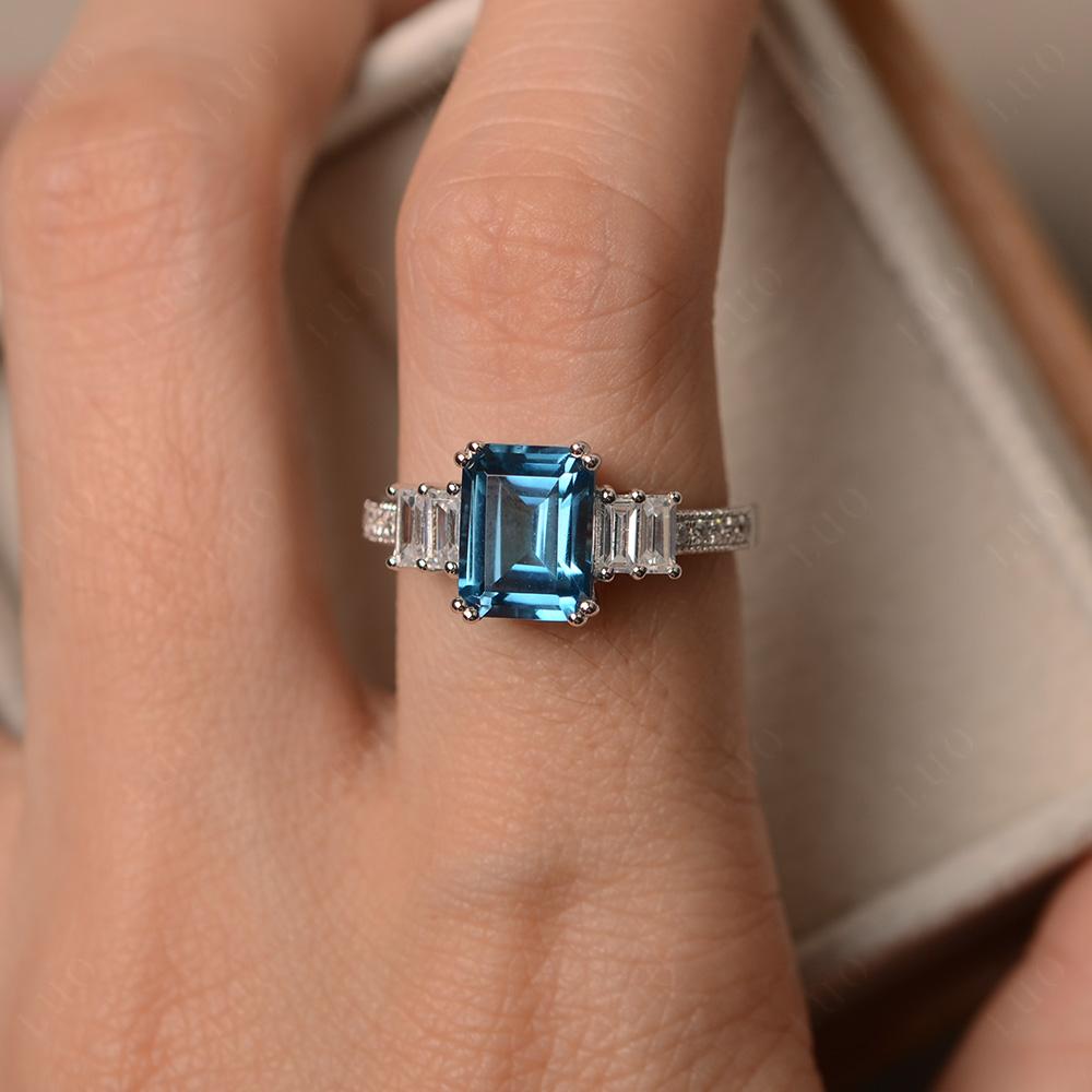 Emerald Cut London Blue Topaz Art Deco Milgrain Ring - LUO Jewelry