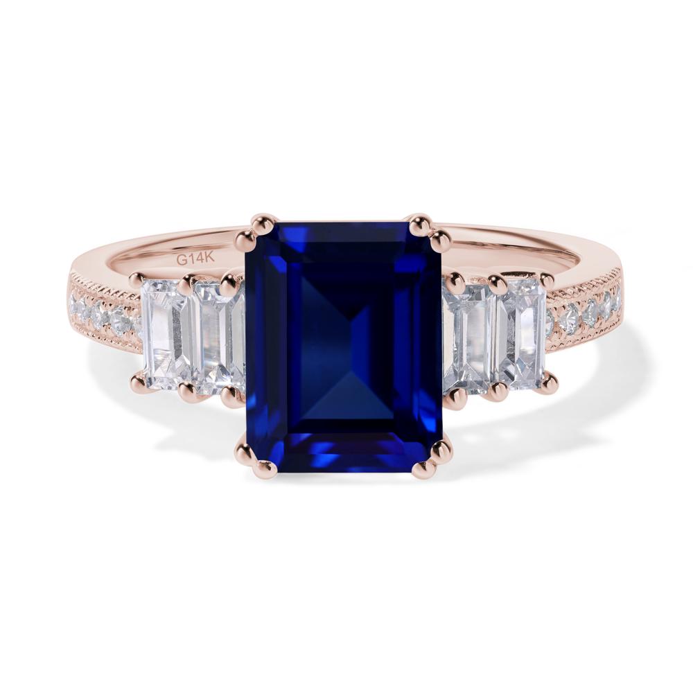 Emerald Cut Lab Sapphire Art Deco Milgrain Ring - LUO Jewelry #metal_14k rose gold