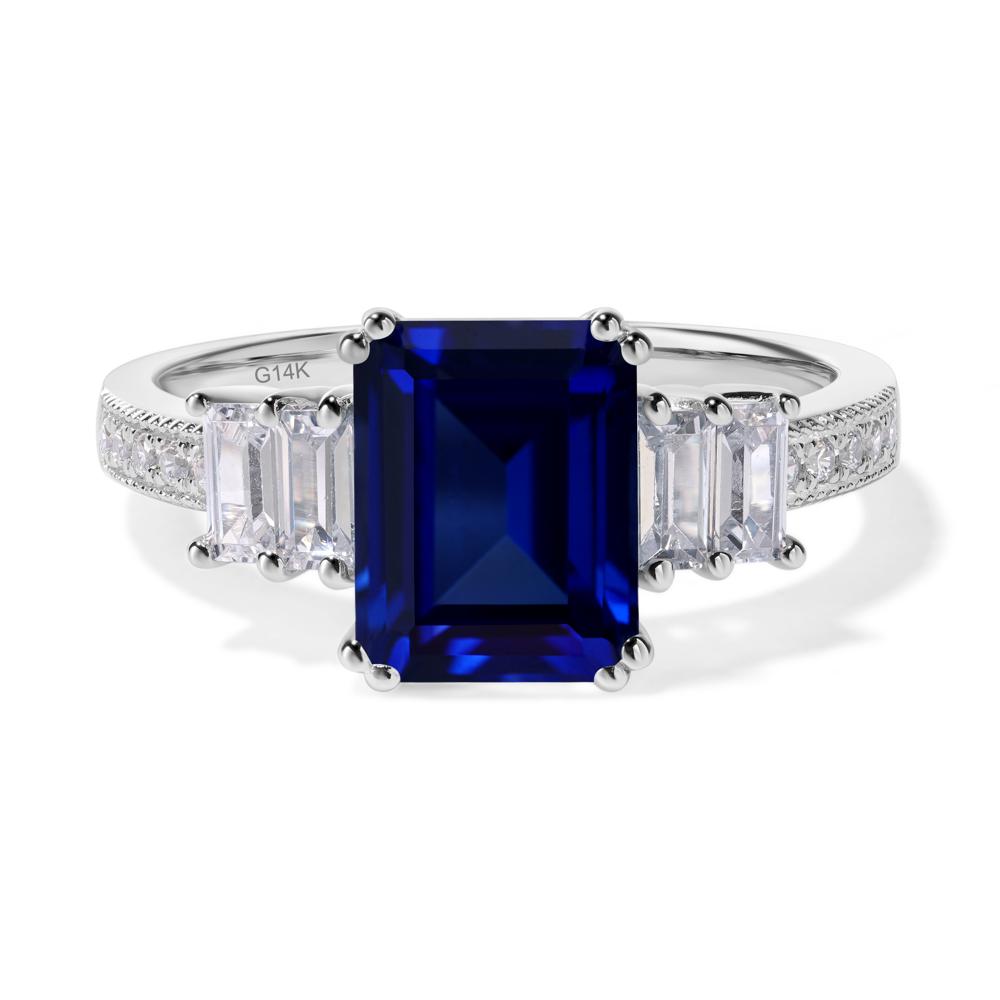 Emerald Cut Lab Sapphire Art Deco Milgrain Ring - LUO Jewelry #metal_14k white gold