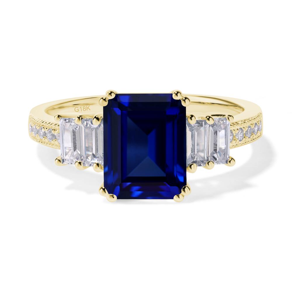 Emerald Cut Lab Sapphire Art Deco Milgrain Ring - LUO Jewelry #metal_18k yellow gold