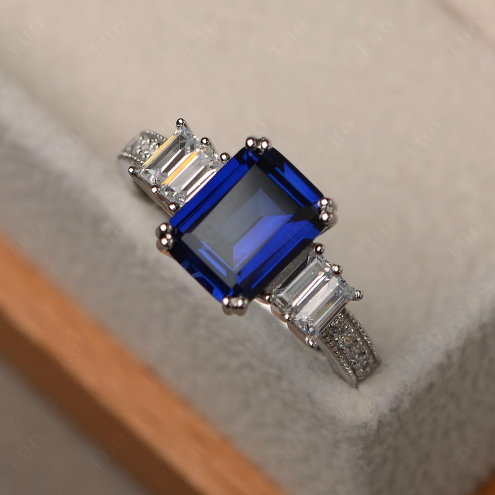 Emerald Cut Lab Sapphire Art Deco Milgrain Ring - LUO Jewelry