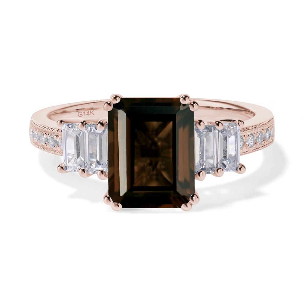 Emerald Cut Smoky Quartz Art Deco Milgrain Ring - LUO Jewelry #metal_14k rose gold