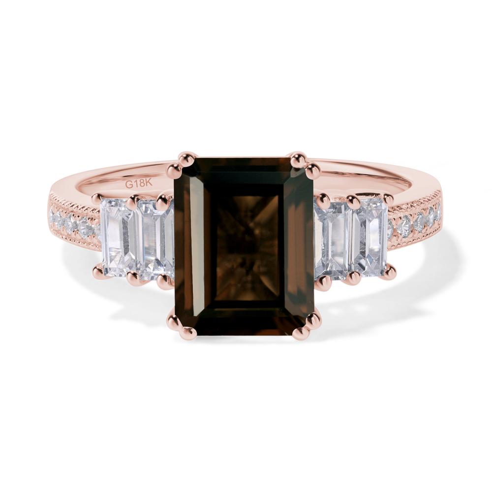 Emerald Cut Smoky Quartz Art Deco Milgrain Ring - LUO Jewelry #metal_18k rose gold