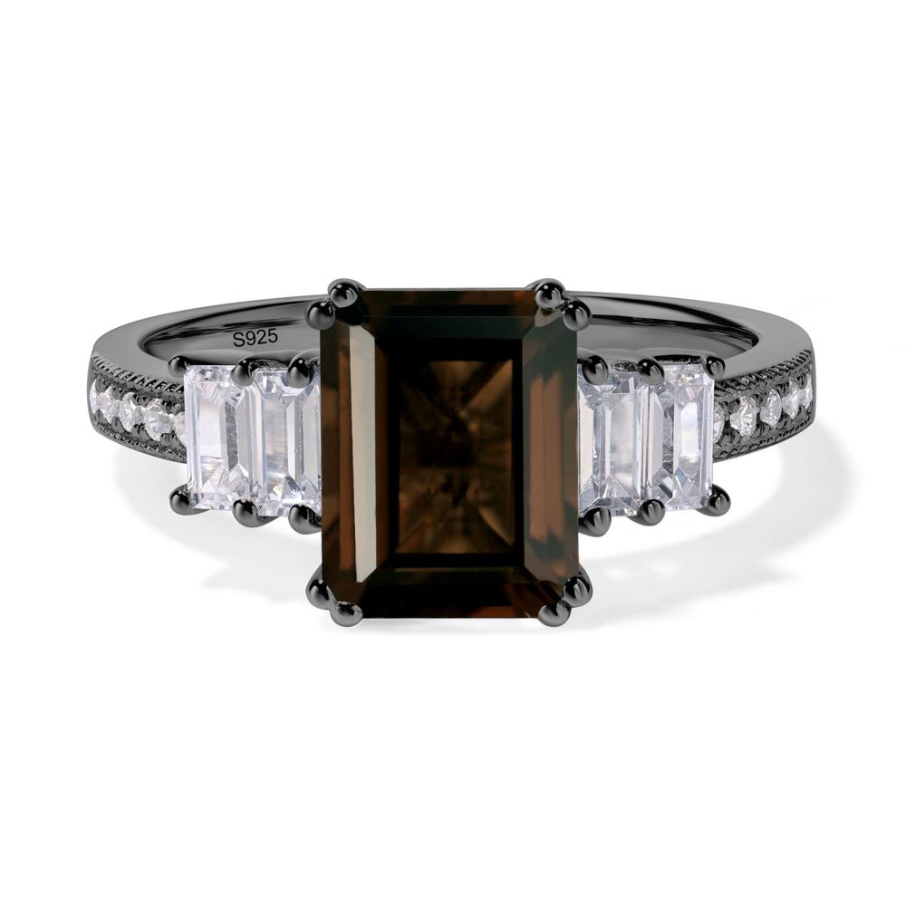 Emerald Cut Smoky Quartz Art Deco Milgrain Ring - LUO Jewelry #metal_black finish sterling silver
