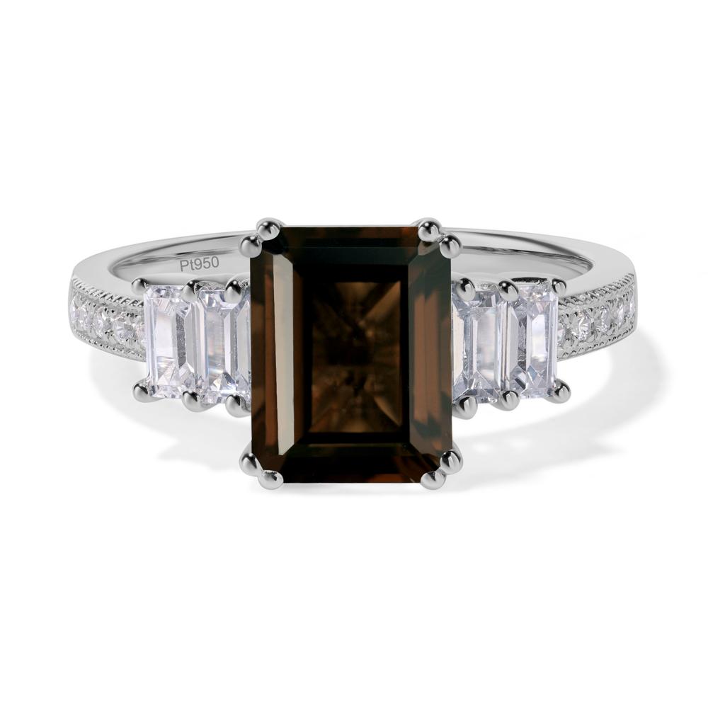 Emerald Cut Smoky Quartz Art Deco Milgrain Ring - LUO Jewelry #metal_platinum