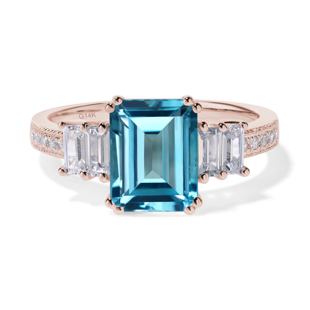 Emerald Cut Swiss Blue Topaz Art Deco Milgrain Ring - LUO Jewelry #metal_14k rose gold