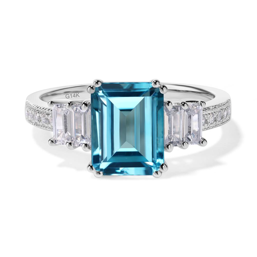 Emerald Cut Swiss Blue Topaz Art Deco Milgrain Ring - LUO Jewelry #metal_14k white gold
