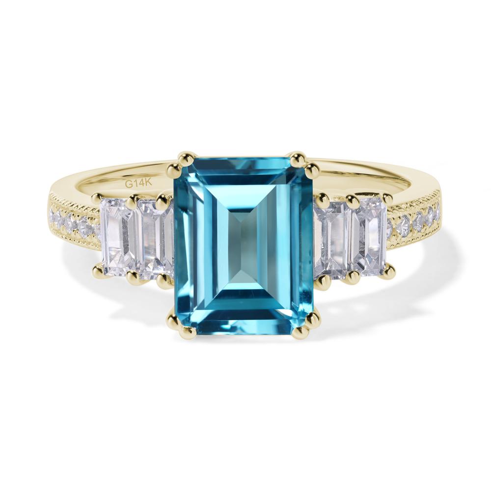 Emerald Cut Swiss Blue Topaz Art Deco Milgrain Ring - LUO Jewelry #metal_14k yellow gold
