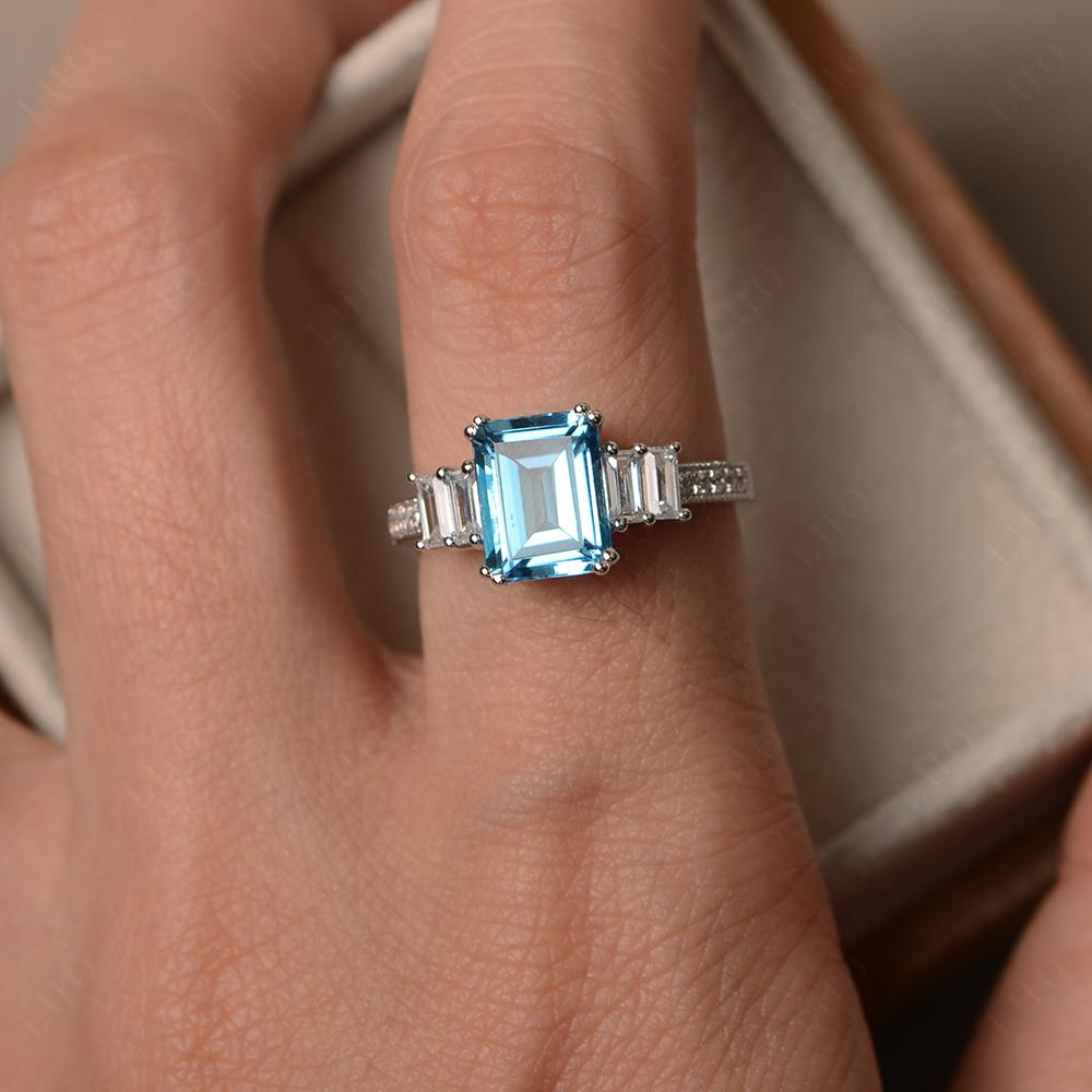 Emerald Cut Swiss Blue Topaz Art Deco Milgrain Ring - LUO Jewelry