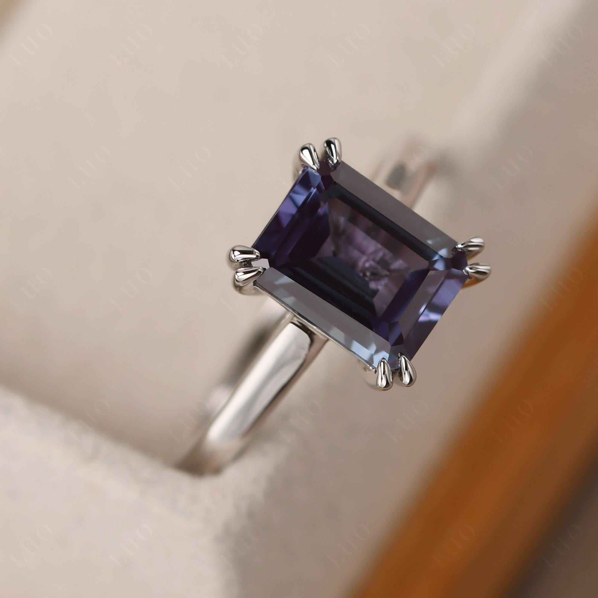 Emerald Cut Lab Alexandrite Solitaire Wedding Ring - LUO Jewelry