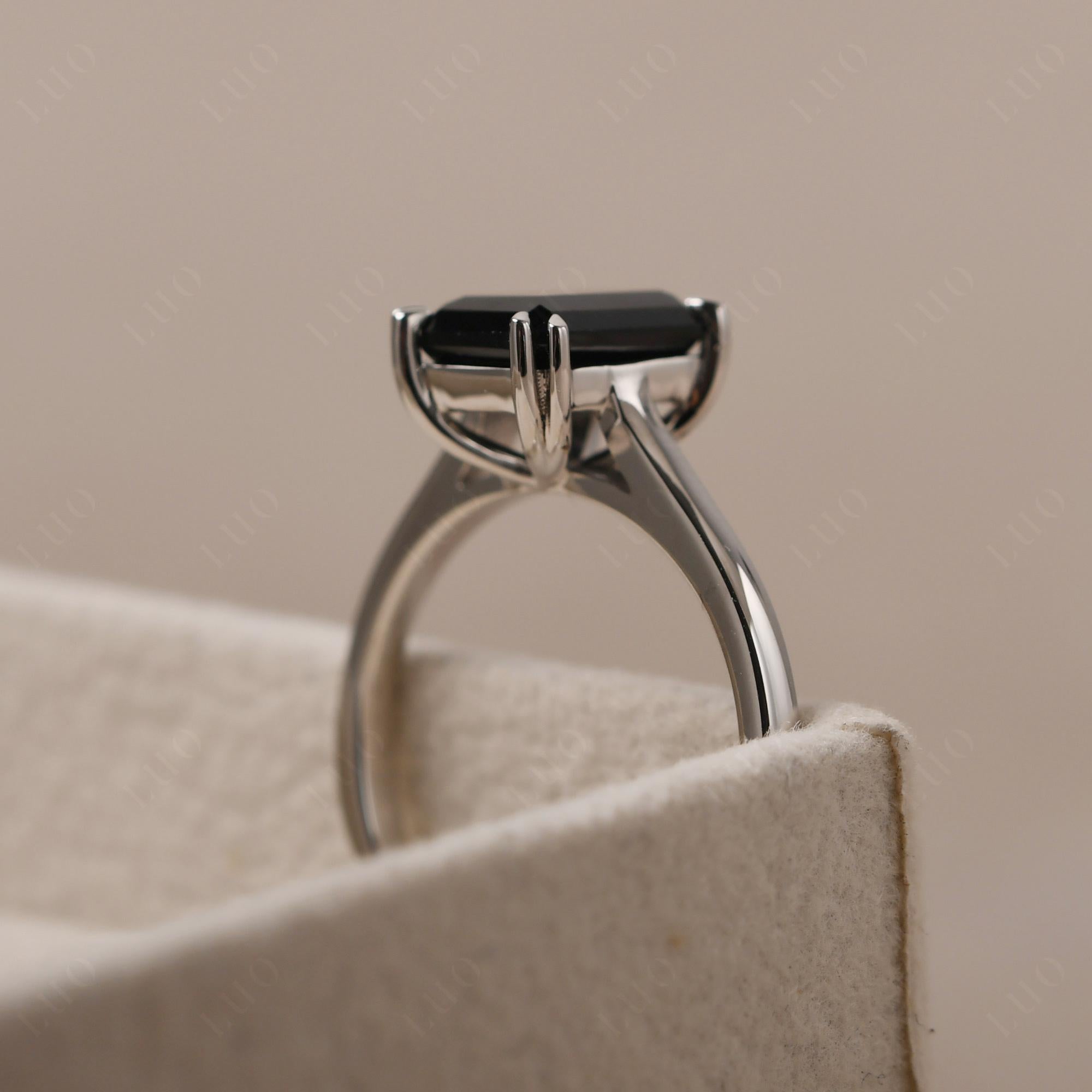 Emerald Cut Black Stone Solitaire Wedding Ring - LUO Jewelry