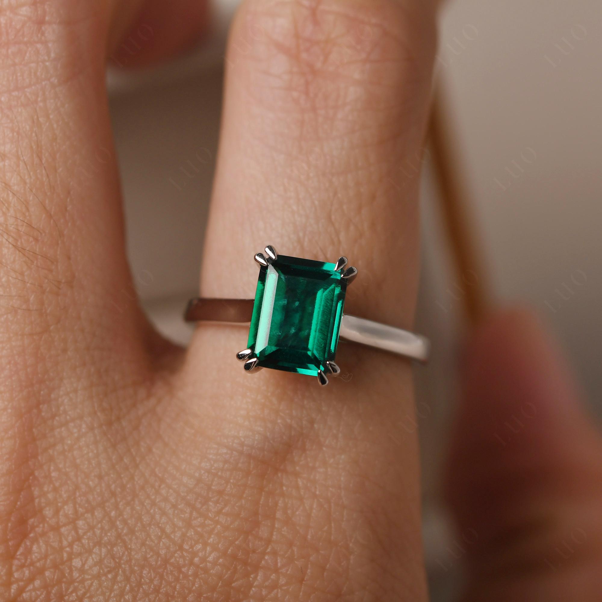 Emerald Cut Lab Grown Emerald Solitaire Wedding Ring - LUO Jewelry