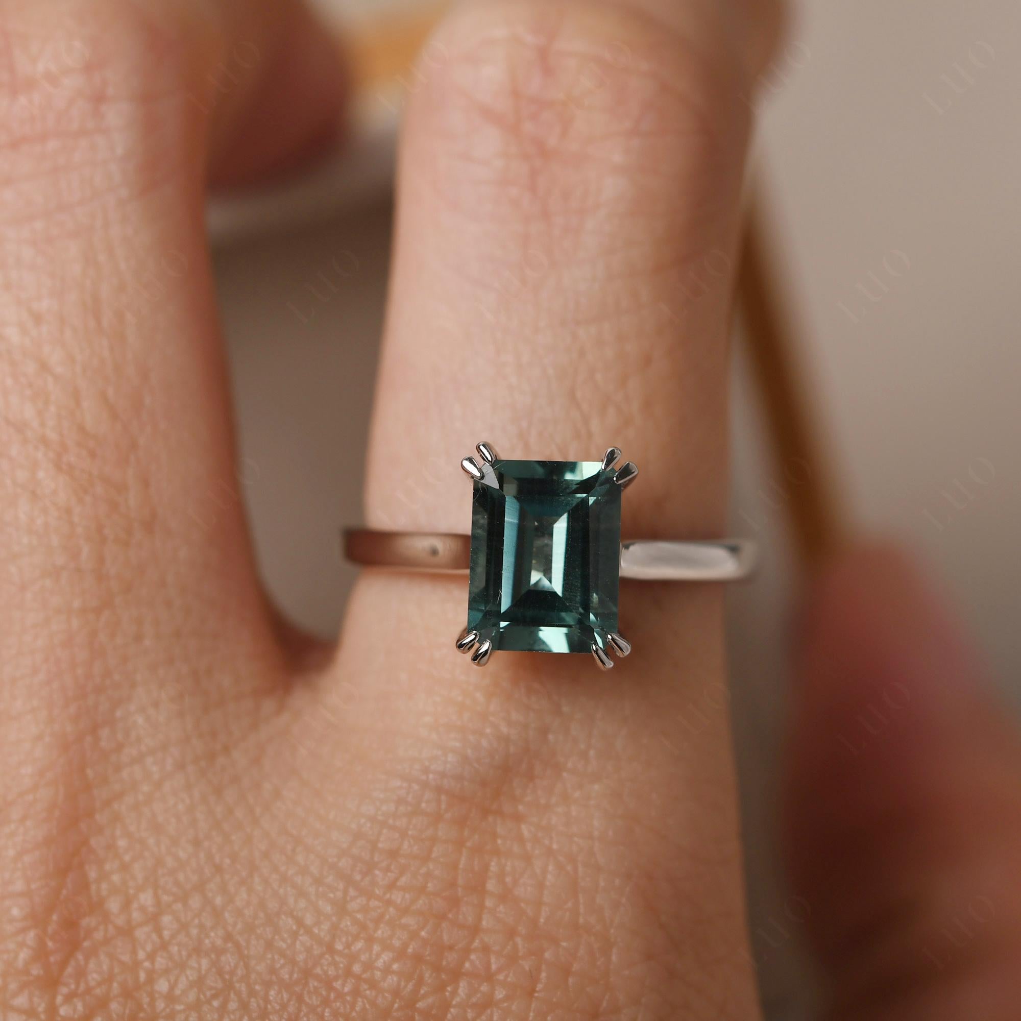 Emerald Cut Lab Grown Green Sapphire Solitaire Wedding Ring - LUO Jewelry