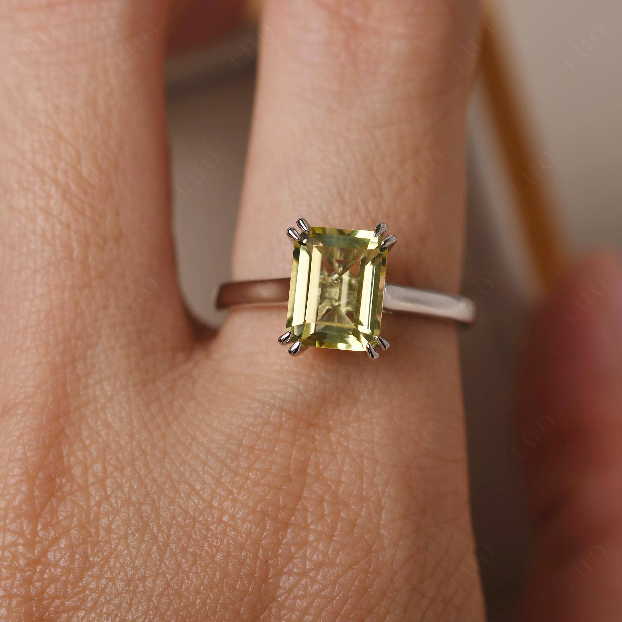 Emerald Cut Lemon Quartz Solitaire Wedding Ring - LUO Jewelry