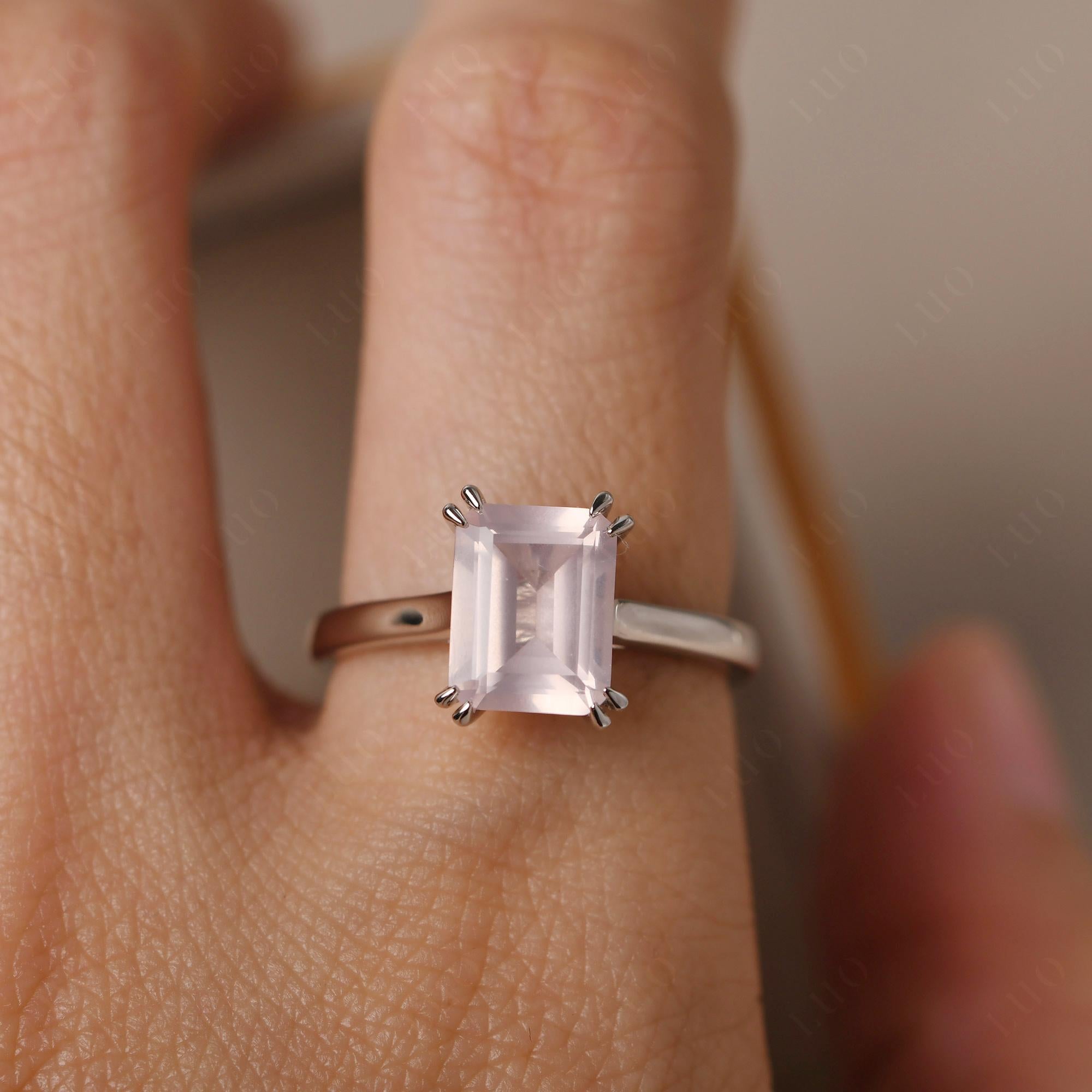 Emerald Cut Rose Quartz Solitaire Wedding Ring - LUO Jewelry