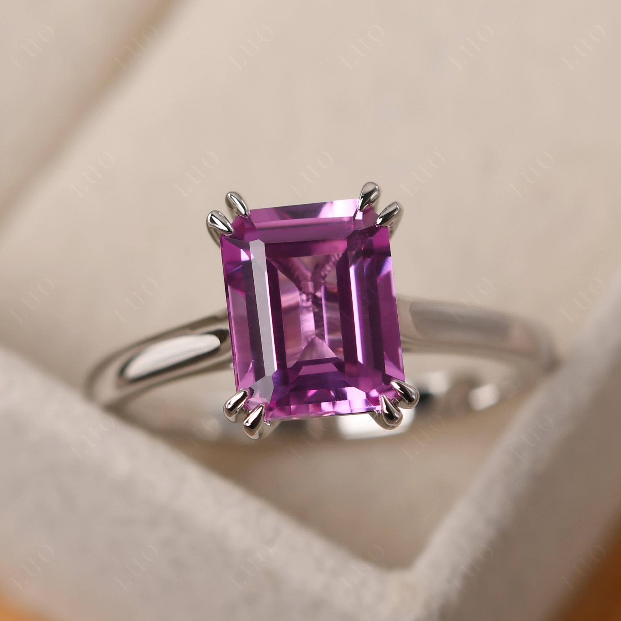 Emerald Cut Lab Created Pink Sapphire Solitaire Wedding Ring - LUO Jewelry