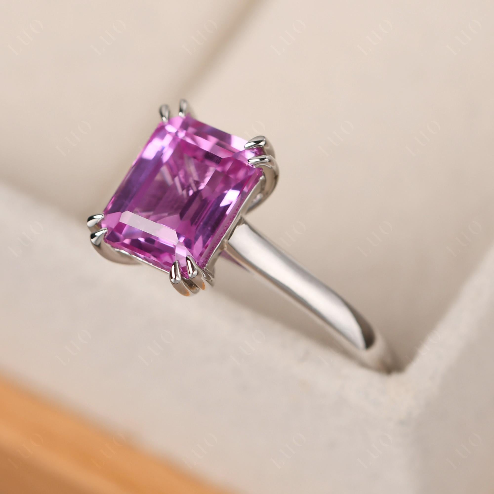 Emerald Cut Lab Created Pink Sapphire Solitaire Wedding Ring - LUO Jewelry