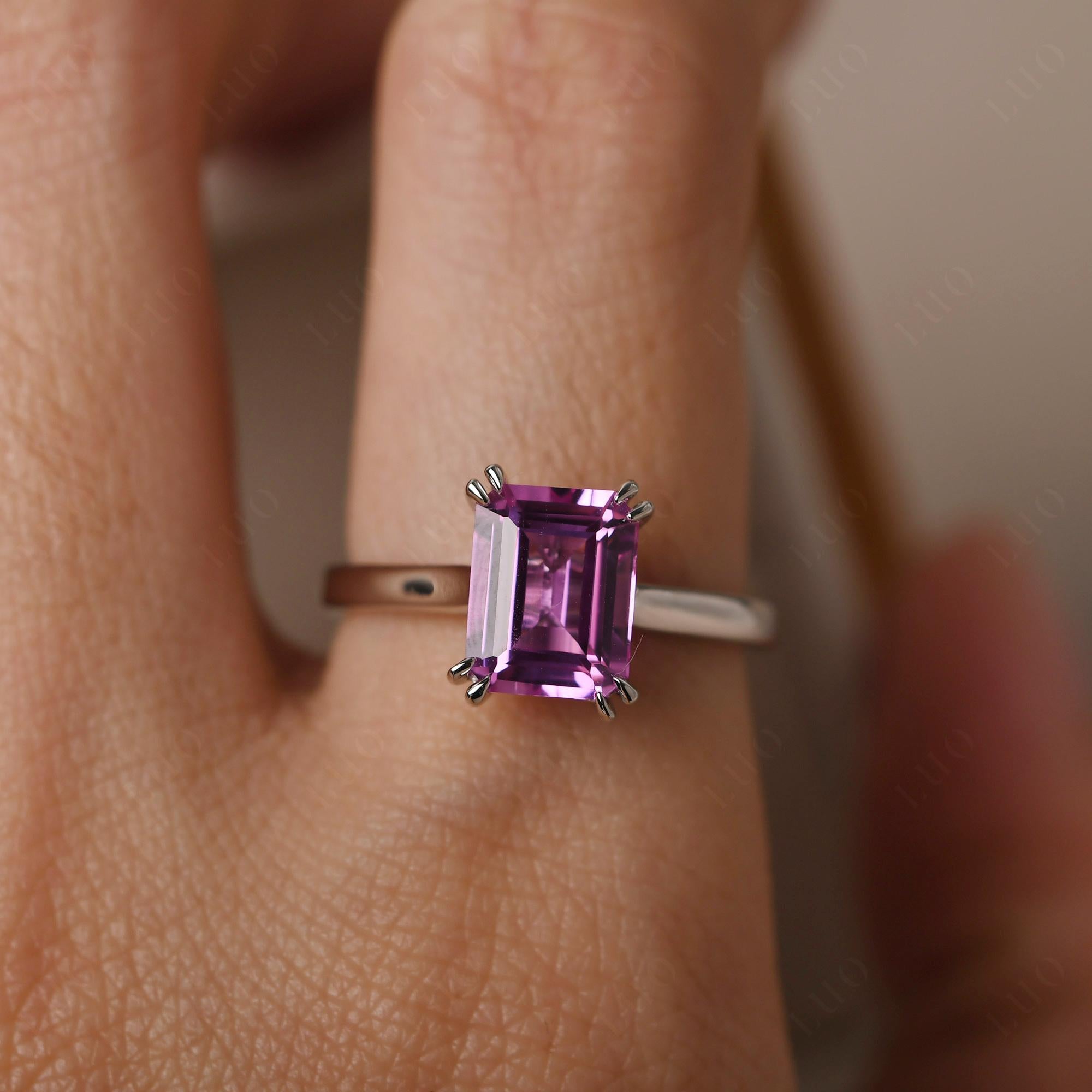 Emerald Cut Lab Created Pink Sapphire Solitaire Wedding Ring - LUO Jewelry