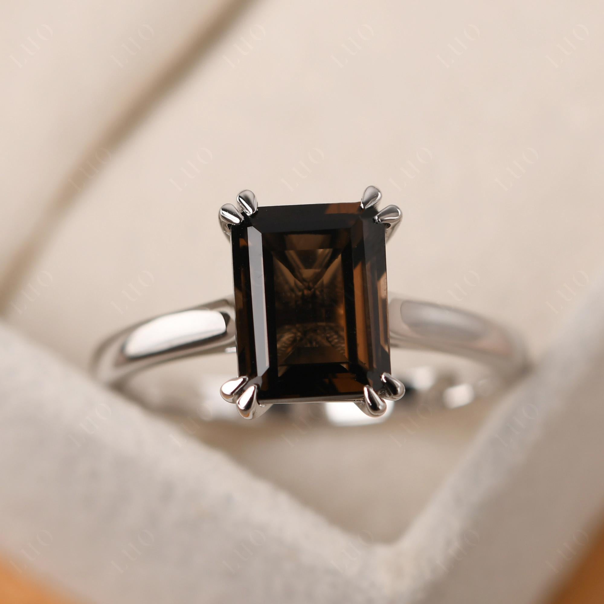 Emerald Cut Smoky Quartz Solitaire Wedding Ring - LUO Jewelry