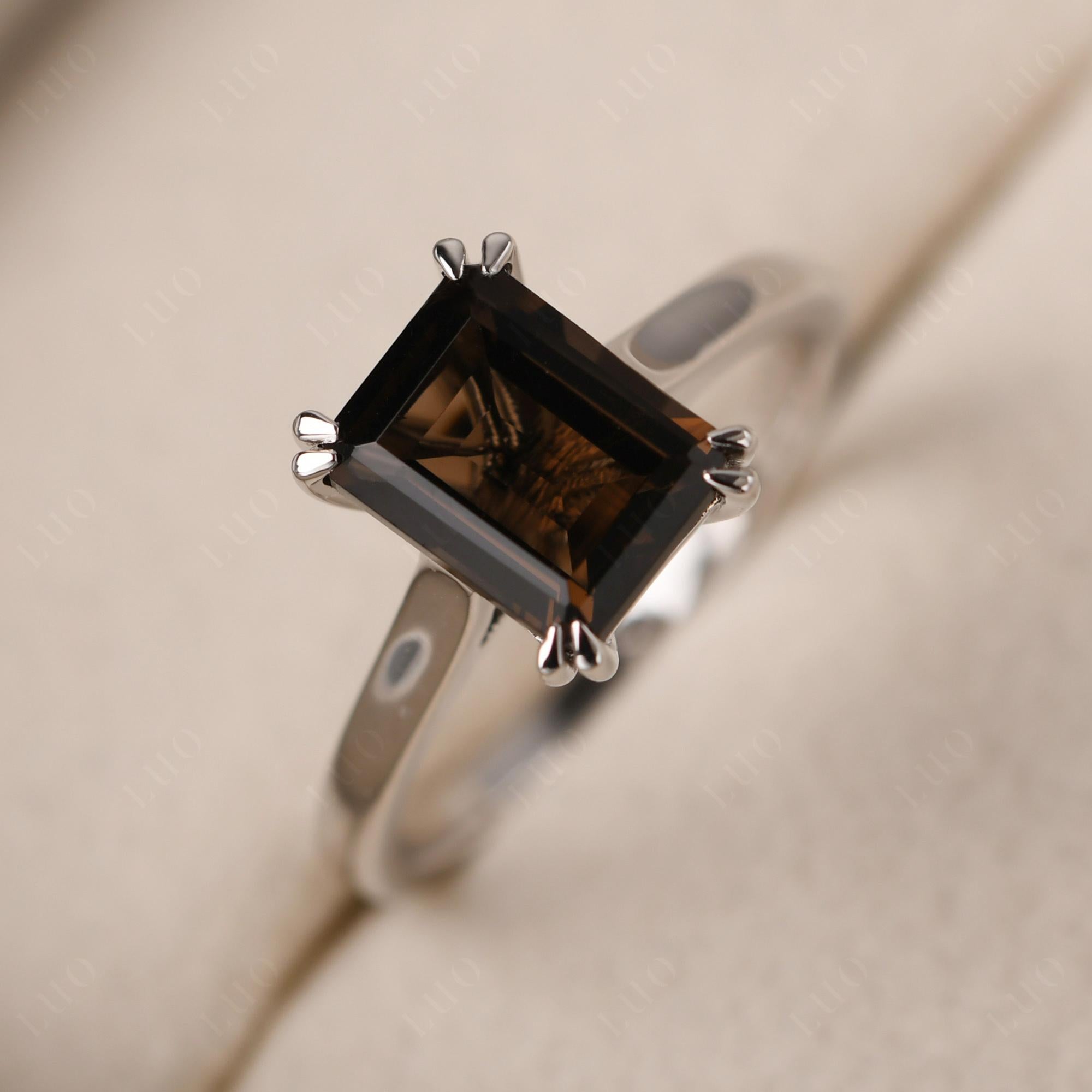 Emerald Cut Smoky Quartz Solitaire Wedding Ring - LUO Jewelry