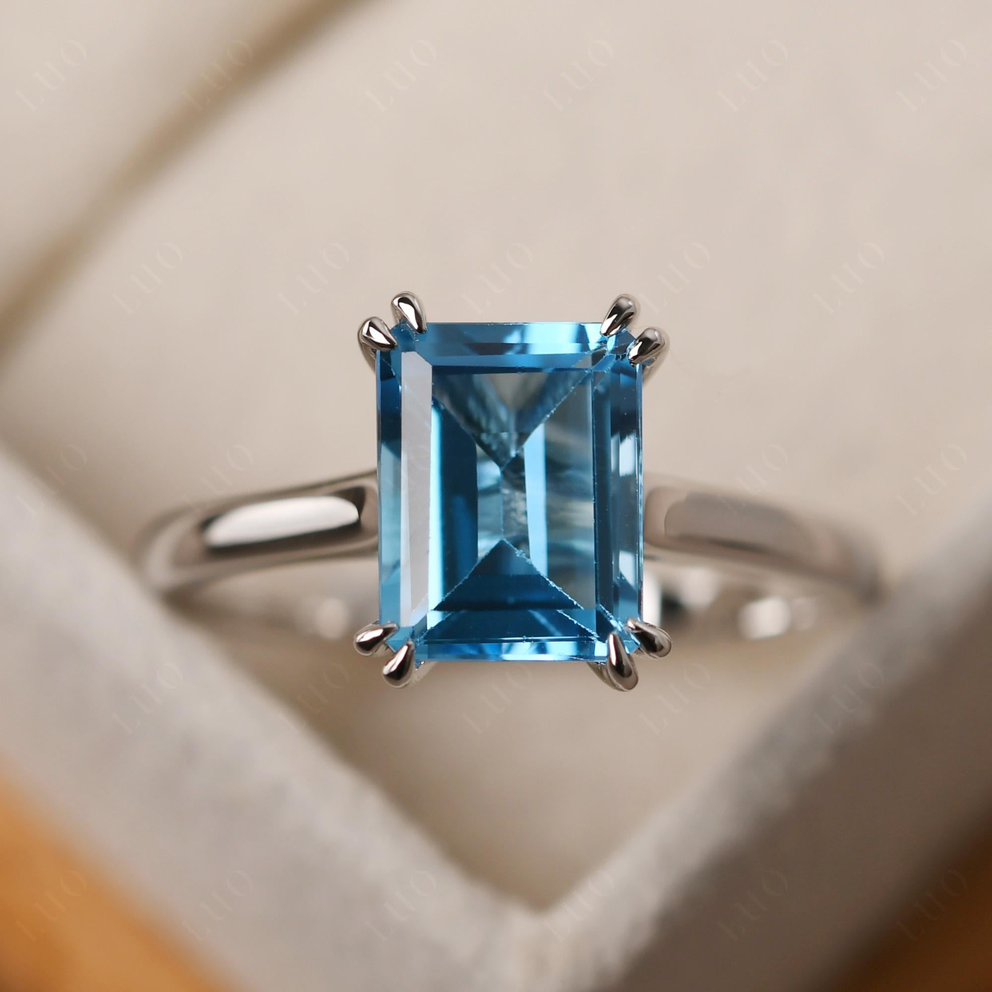 Emerald Cut Swiss Blue Topaz Solitaire Wedding Ring - LUO Jewelry