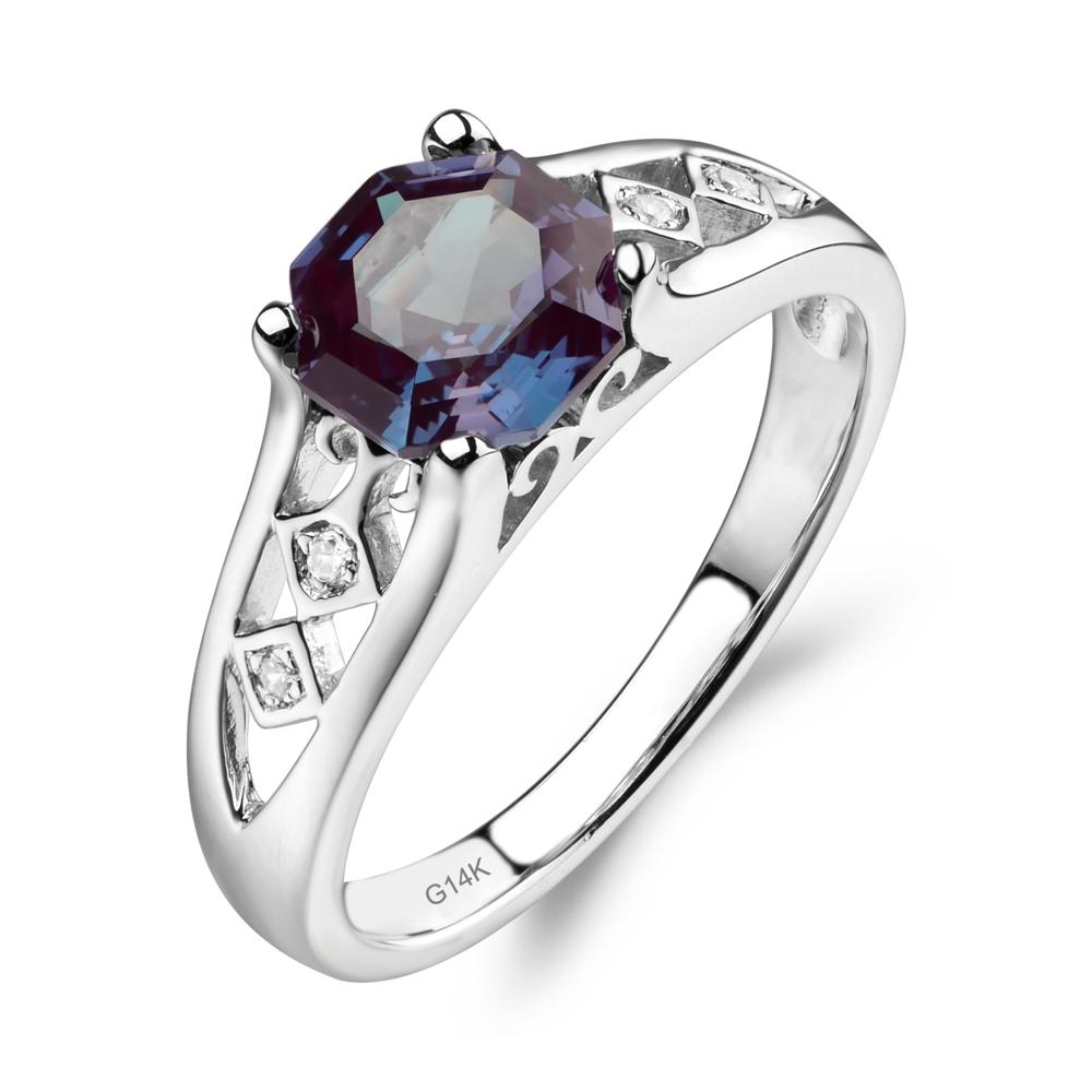 Vintage Style Octagon Cut Lab Created Alexandrite Ring - LUO Jewelry #metal_14k white gold