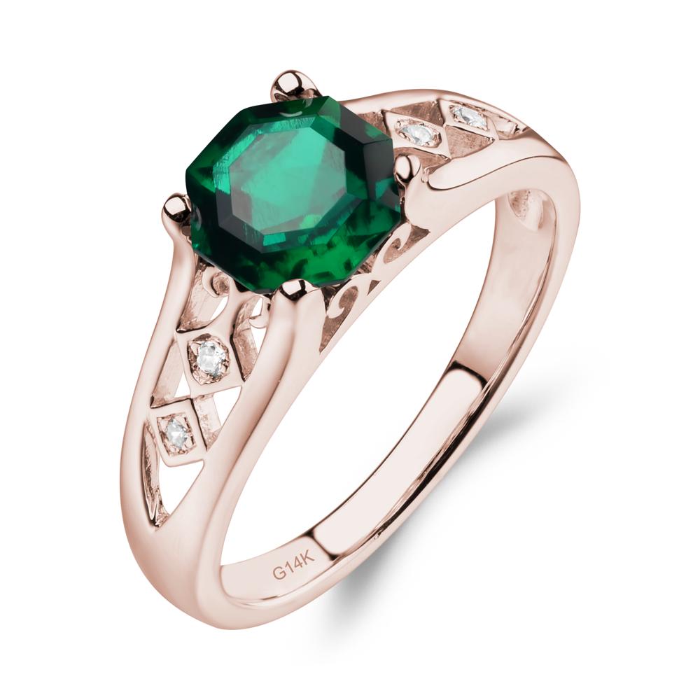 Vintage Style Octagon Cut Lab Created Emerald Ring - LUO Jewelry #metal_14k rose gold