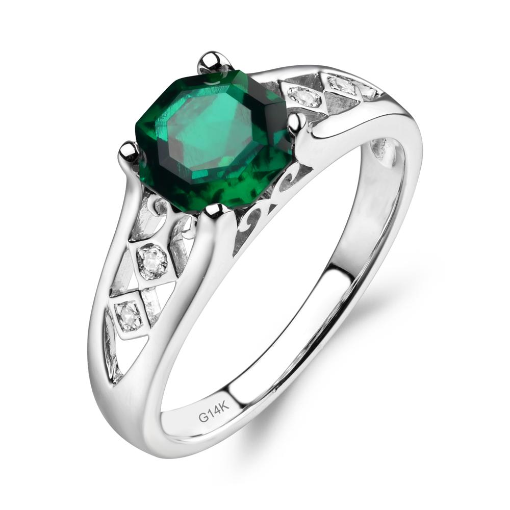 Vintage Style Octagon Cut Lab Created Emerald Ring - LUO Jewelry #metal_14k white gold