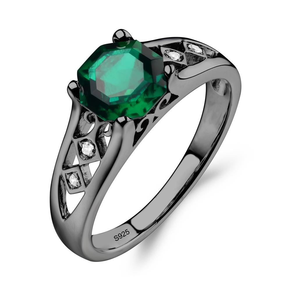 Vintage Style Octagon Cut Lab Created Emerald Ring - LUO Jewelry #metal_black finish sterling silver