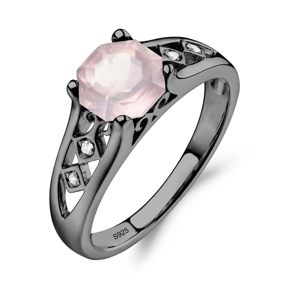 Vintage Style Octagon Cut Rose Quartz Ring - LUO Jewelry #metal_black finish sterling silver