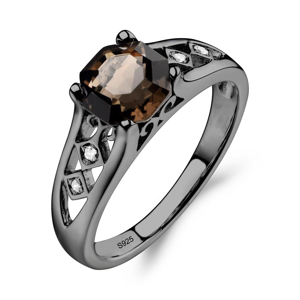 Vintage Style Octagon Cut Smoky Quartz Ring - LUO Jewelry #metal_black finish sterling silver