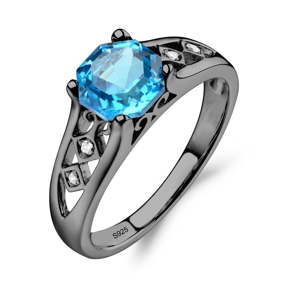 Vintage Style Octagon Cut Swiss Blue Topaz Ring - LUO Jewelry #metal_black finish sterling silver