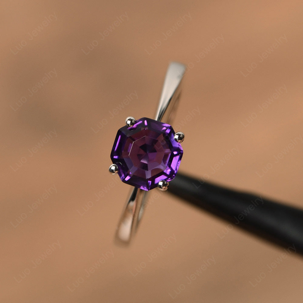 Octagon Cut Amethyst Solitaire Ring White Gold - LUO Jewelry