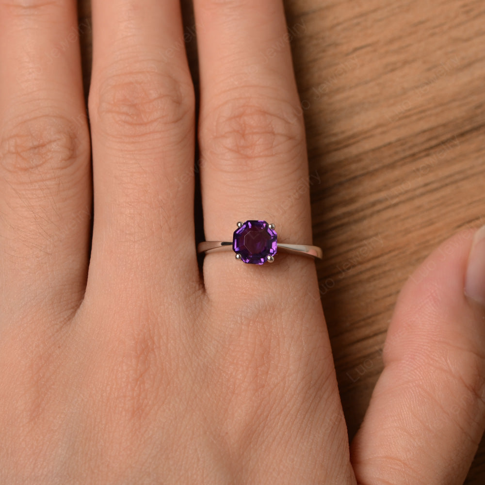 Octagon Cut Amethyst Solitaire Ring White Gold - LUO Jewelry