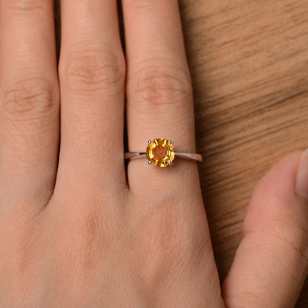 Octagon Cut Citrine Solitaire Ring White Gold - LUO Jewelry