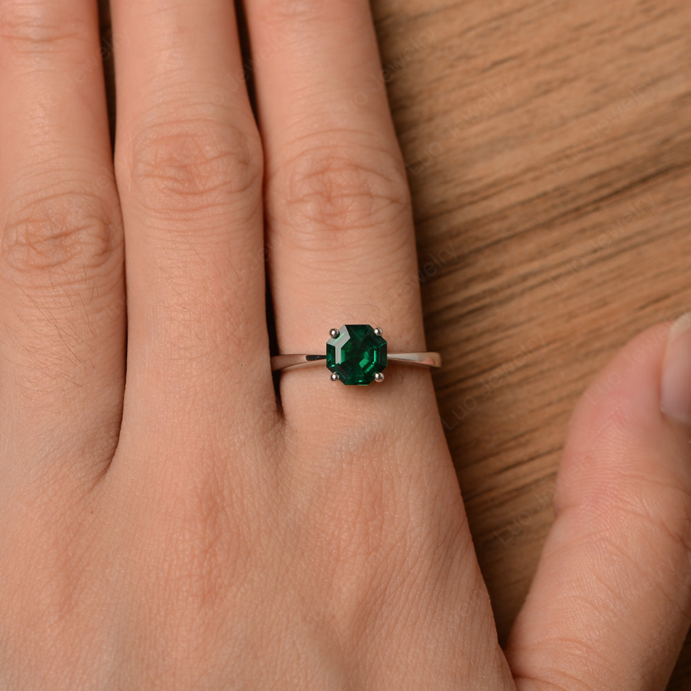 Octagon Cut Lab Emerald Solitaire Ring White Gold - LUO Jewelry