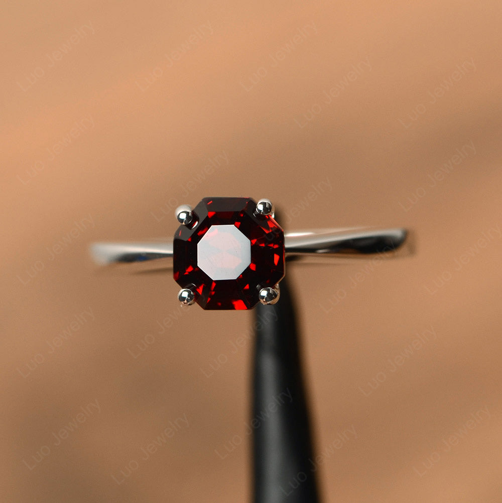 Octagon Cut Garnet Solitaire Ring White Gold - LUO Jewelry