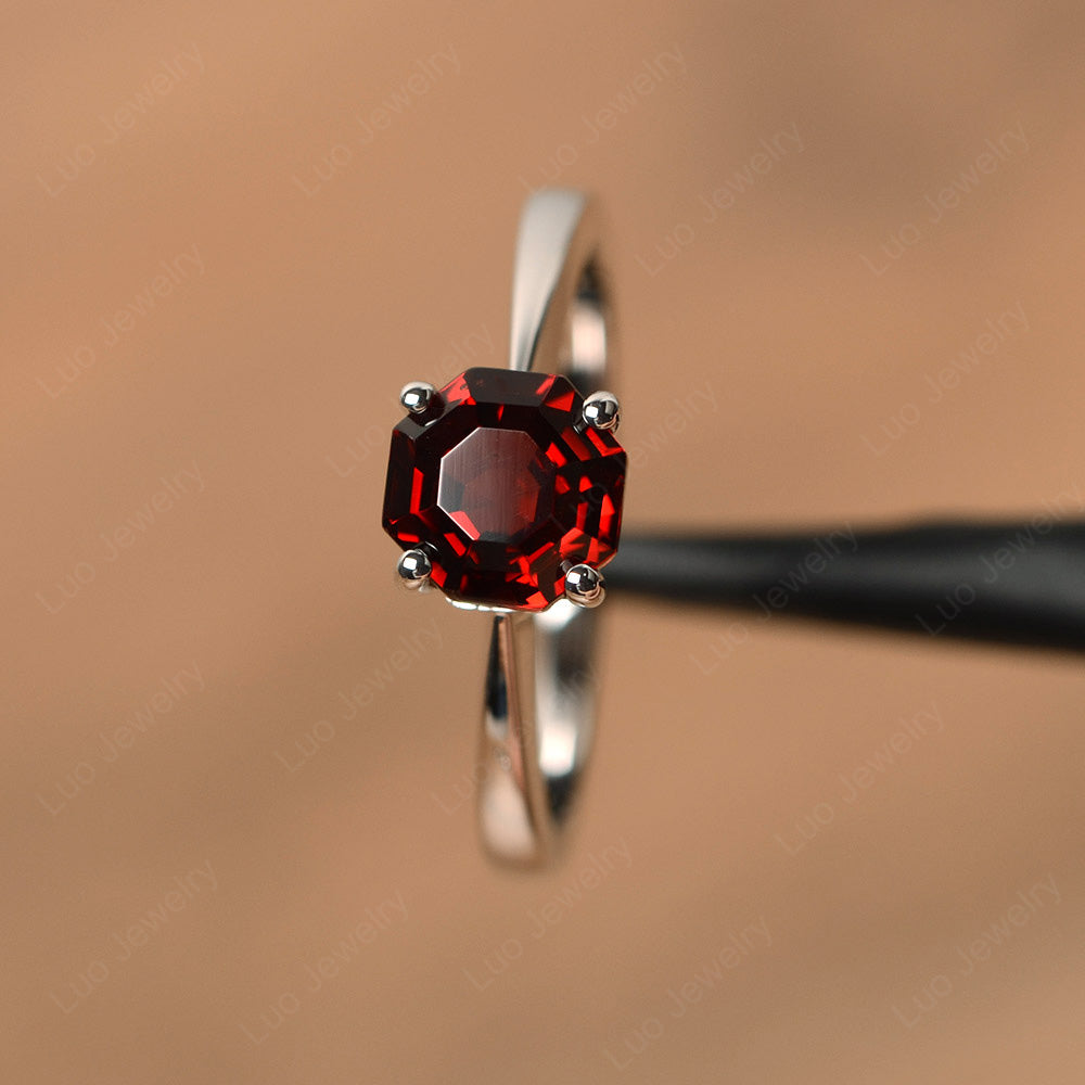 Octagon Cut Garnet Solitaire Ring White Gold - LUO Jewelry