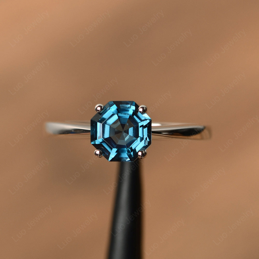 Octagon Cut London Blue Topaz Solitaire Ring White Gold - LUO Jewelry