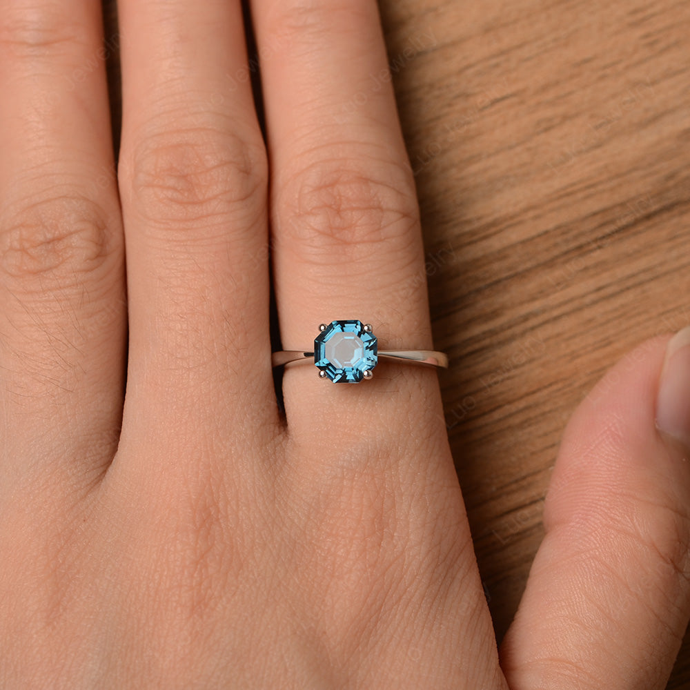 Octagon Cut London Blue Topaz Solitaire Ring White Gold - LUO Jewelry