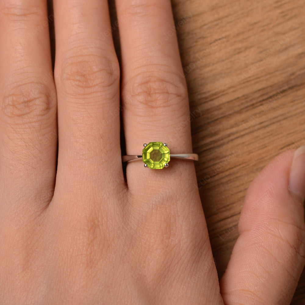 Octagon Cut Peridot Solitaire Ring White Gold - LUO Jewelry