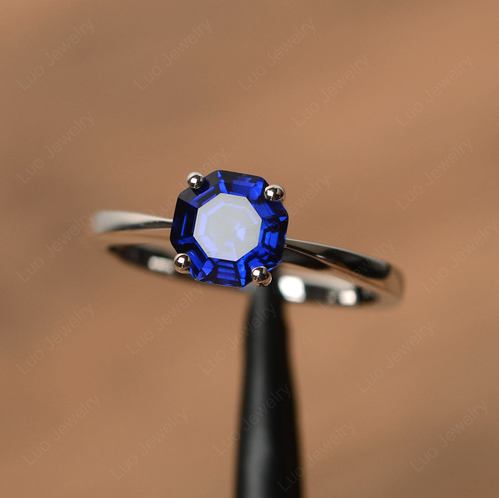 Octagon Cut Lab Sapphire Solitaire Ring White Gold - LUO Jewelry