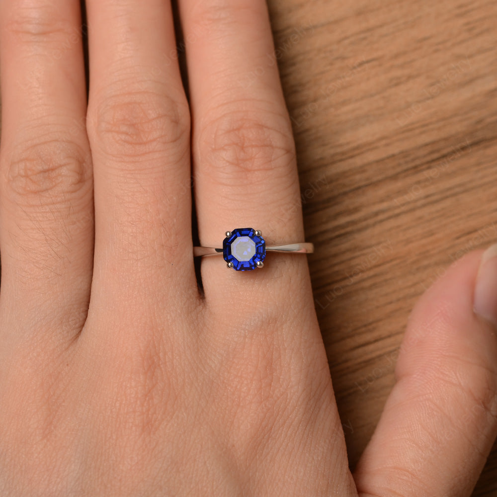 Octagon Cut Lab Sapphire Solitaire Ring White Gold - LUO Jewelry