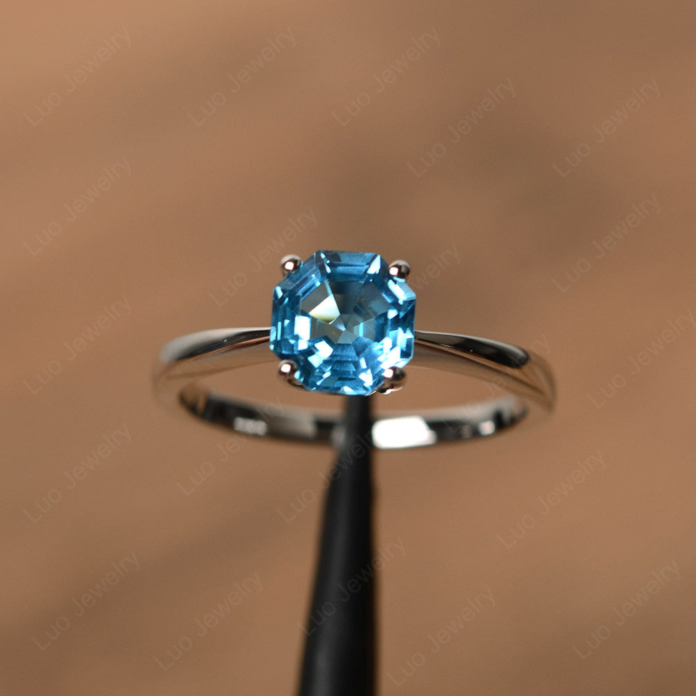 Octagon Cut Swiss Blue Topaz Solitaire Ring White Gold - LUO Jewelry