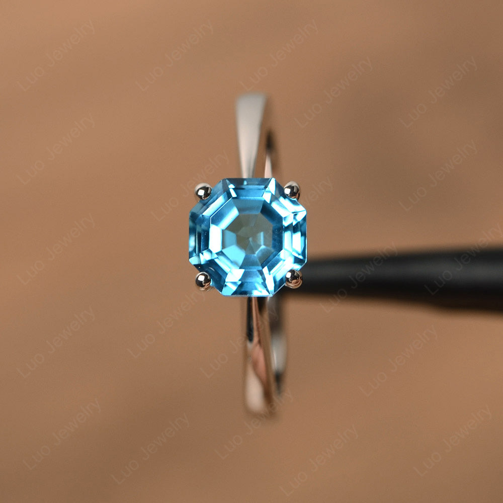 Octagon Cut Swiss Blue Topaz Solitaire Ring White Gold - LUO Jewelry