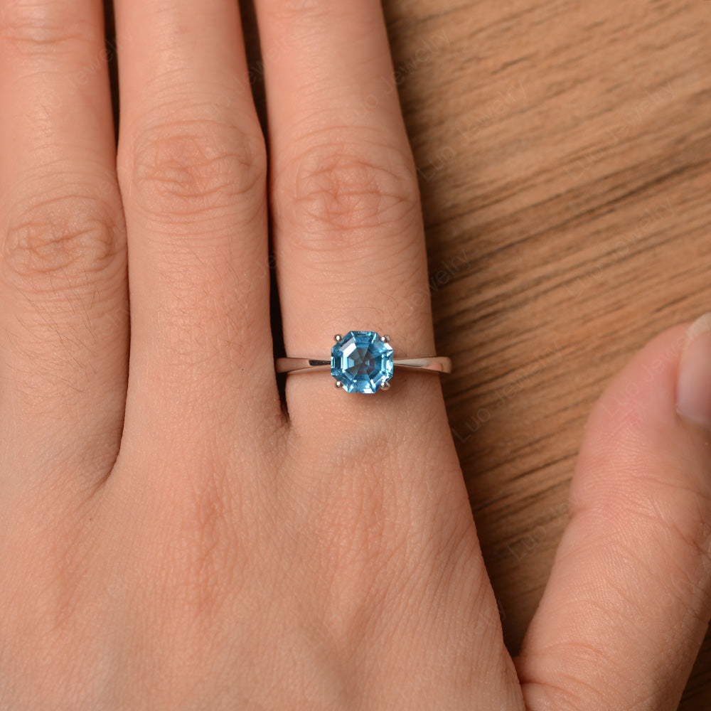 Octagon Cut Swiss Blue Topaz Solitaire Ring White Gold - LUO Jewelry