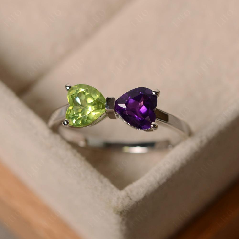 2 Stone Heart Shaped Amethyst and Peridot Ring - LUO Jewelry