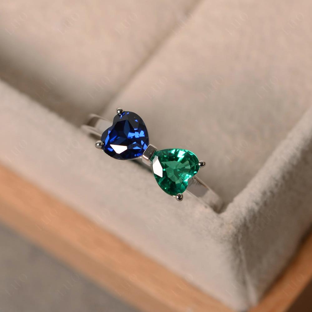 Heart Shaped Lab Emerald and Sapphire Mothers Ring - LUO Jewelry